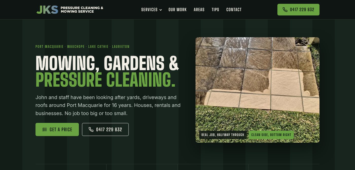 JKS Pressure Cleaning & Mowing website homepage